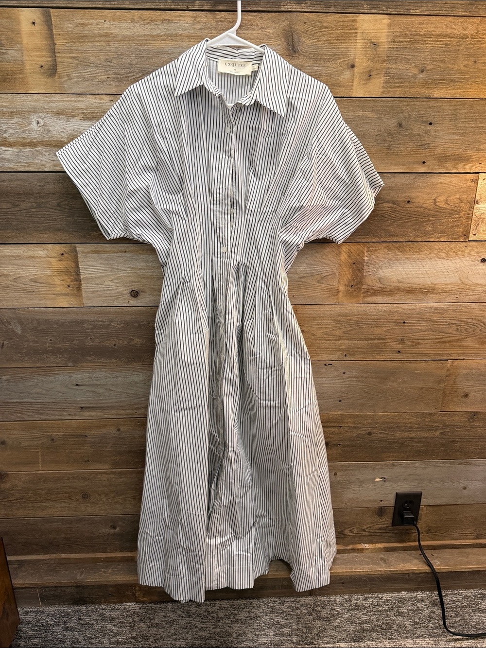 Exiquise White and Black Striped Midi Shirt Dress with pockets
